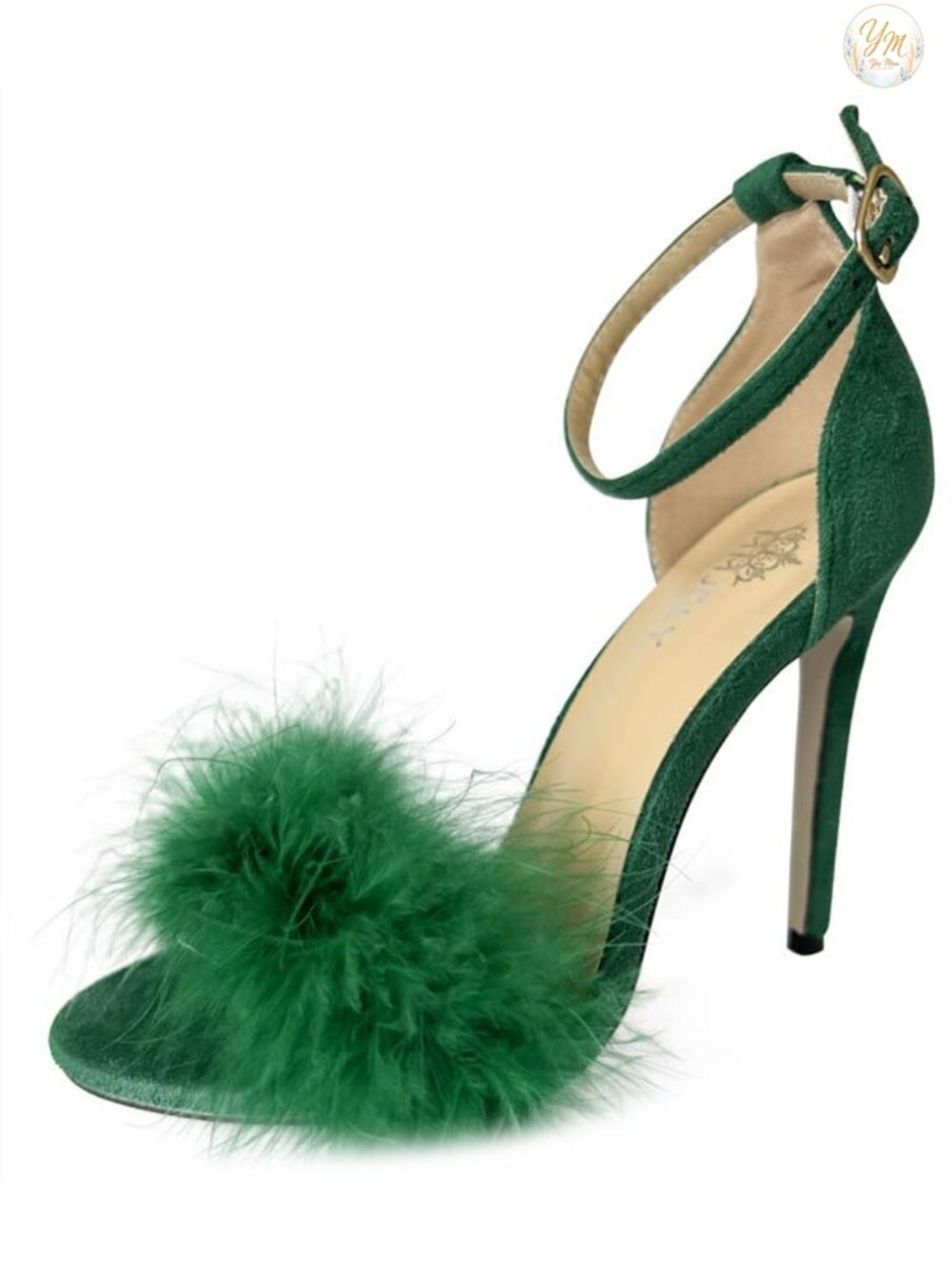 Open Toe Ankle Strap Fluffy Feather Stiletto High Heel Dress Sandal